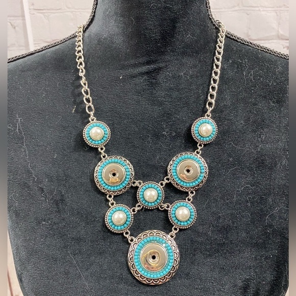 Turquoise Accent Multi Snap Charm Western Boho Style Statement Necklace - Picture 2 of 5